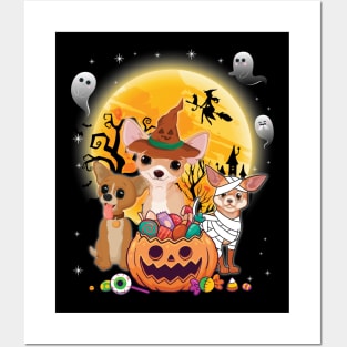 Chihuahua Dog Mummy Witch Moon Ghosts Happy Halloween Thanksgiving Merry Christmas Day Posters and Art